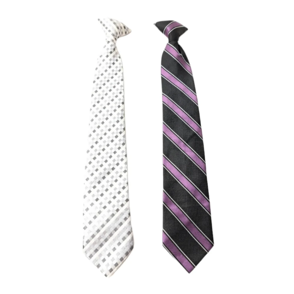 LOT OF 2 Boys Clip Tie‎ Purple, Black, Stripes & Silver, Black, & Grey Di…